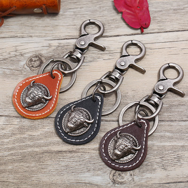 Porte-clés en cuir cousu tête de taureau punk rock