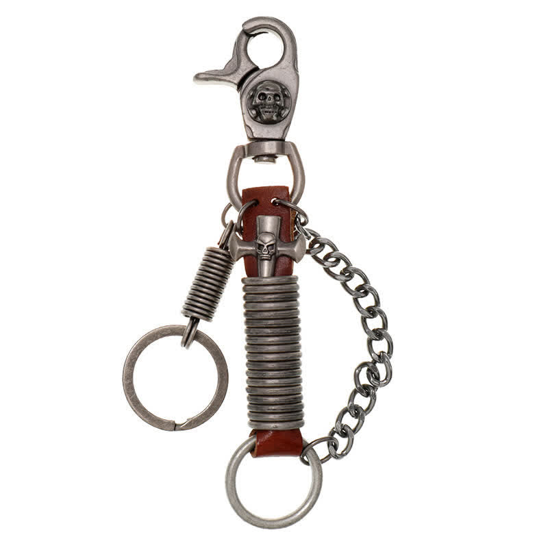 Porte-clés en cuir pour pantalon punk avec tête de mort et croix