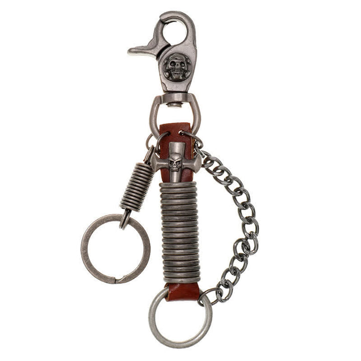Porte-clés en cuir pour pantalon punk avec tête de mort et croix