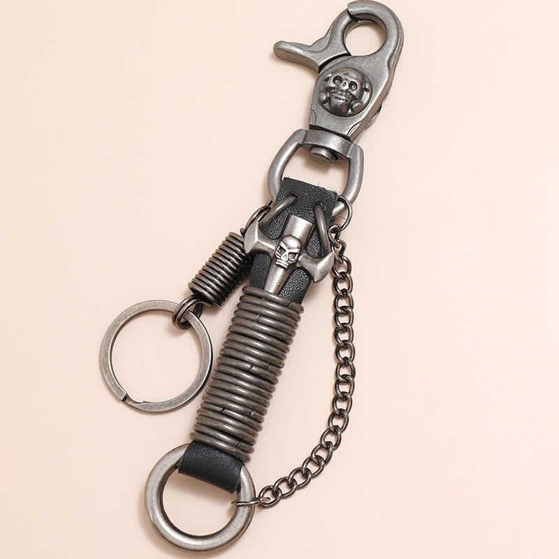 Porte-clés en cuir pour pantalon punk avec tête de mort et croix