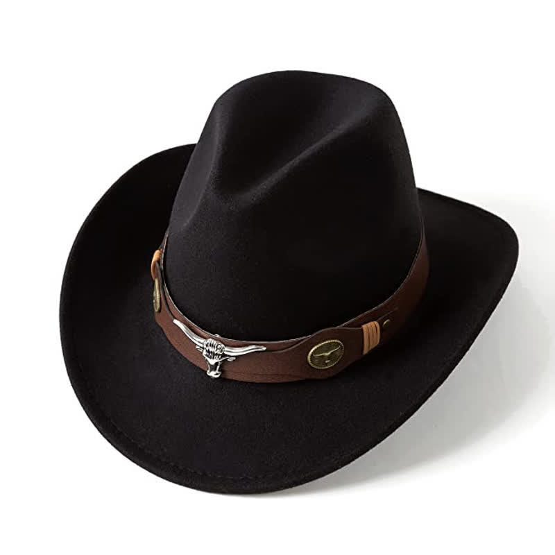 Chapeau de cowboy en feutre avec tête de bœuf sauvage de l'Ouest - Noir - M (22"-22 7/8") - image 0