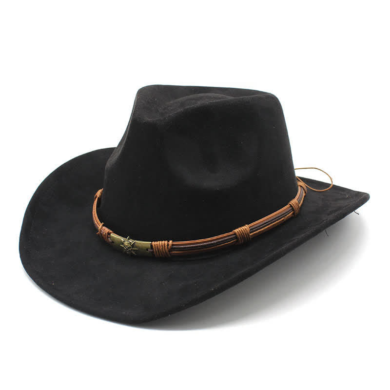 Chapeau de cowboy en feutre à bord incurvé avec décoration en corde de style ethnique - Noir - M (22"-22 7/8") - image 10