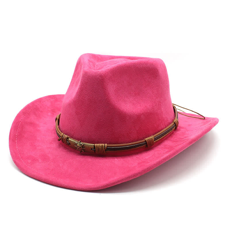 Chapeau de cowboy en feutre à bord incurvé avec décoration en corde de style ethnique - Rose vif - M (22"-22 7/8") - image 11