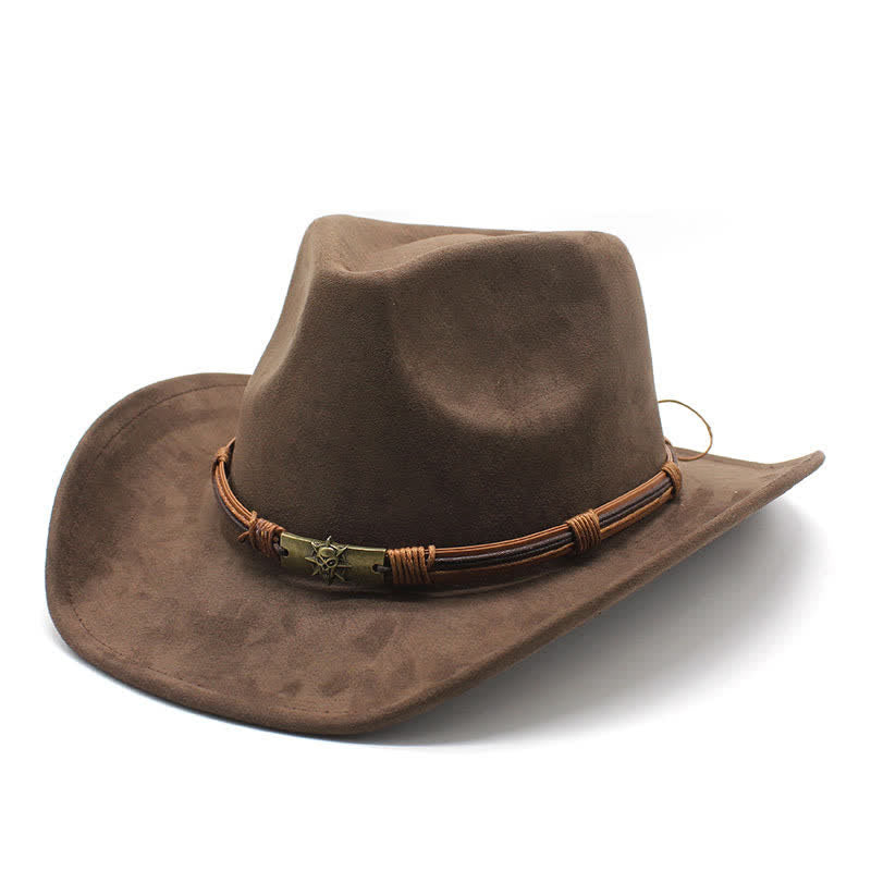 Chapeau de cowboy en feutre à bord incurvé avec décoration en corde de style ethnique - Café - M (22"-22 7/8") - image 1