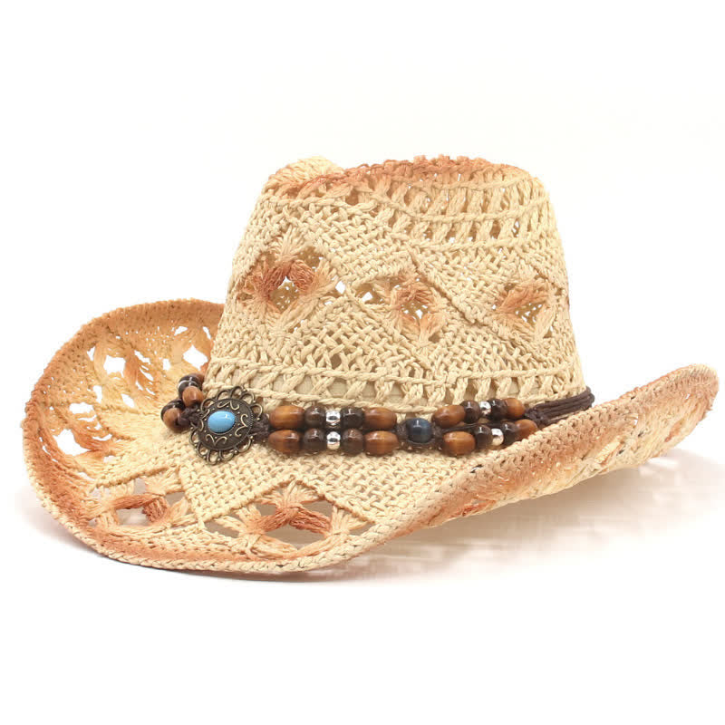 Chapeau de paille style cow-boy avec perles creuses style bohème - Beige - M (22"-22 7/8") - image 8