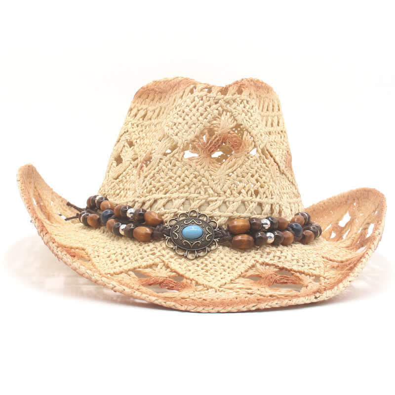 Chapeau de paille style cow-boy avec perles creuses style bohème - image 10