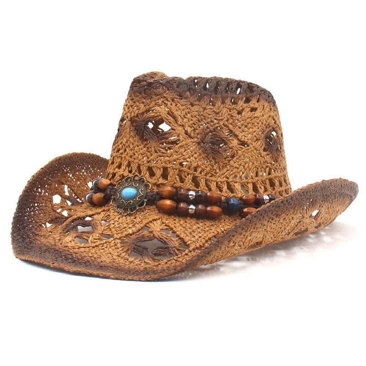 Chapeau de paille style cow-boy avec perles creuses style bohème - Café - M (22"-22 7/8") - image 0