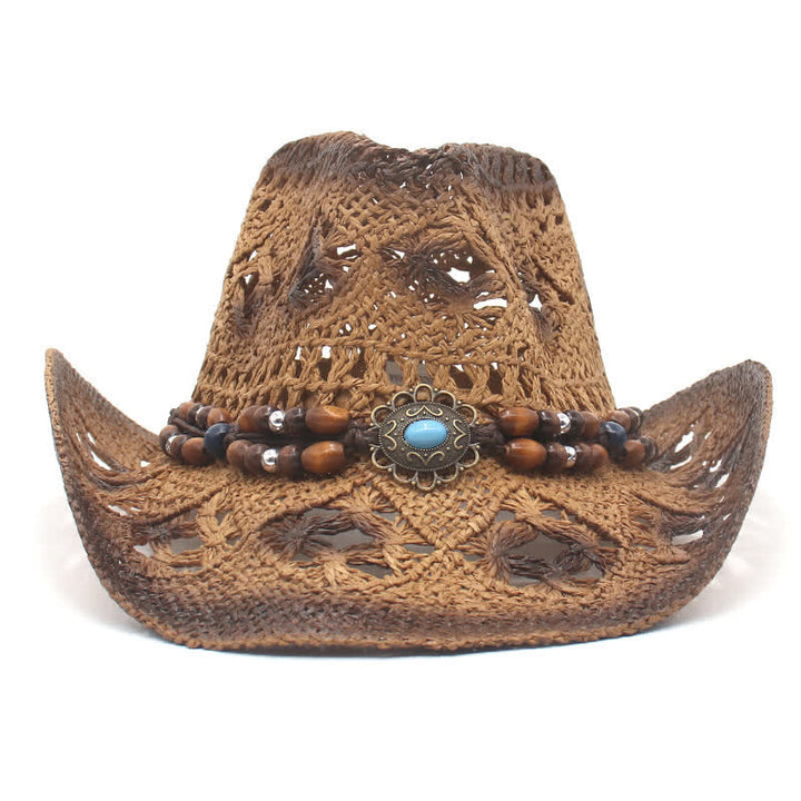 Chapeau de paille style cow-boy avec perles creuses style bohème - image 2