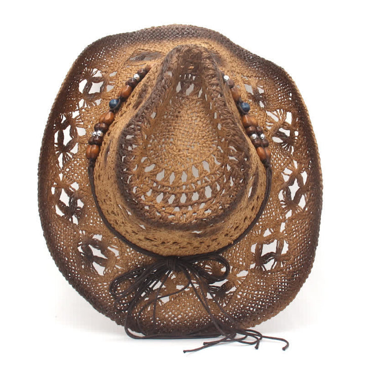 Chapeau de paille style cow-boy avec perles creuses style bohème - image 1