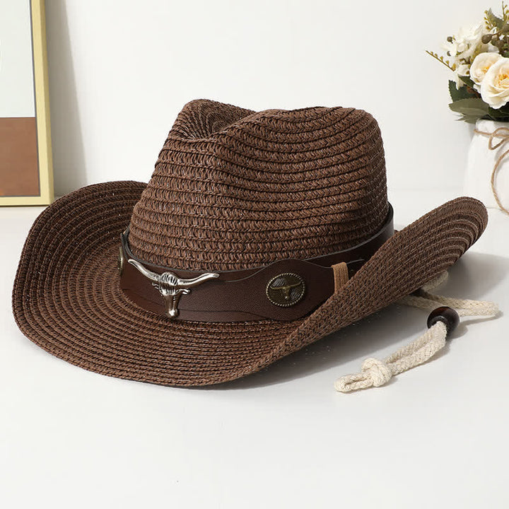 Chapeau de paille de protection solaire d'été pour la plage avec décor de bétail - Café - M (22"-22 7/8") - image 5