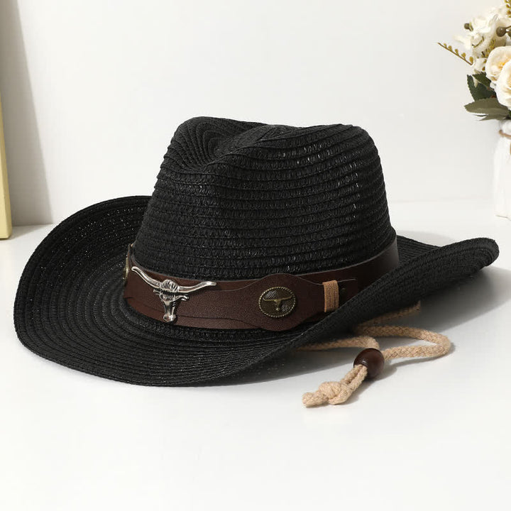 Chapeau de paille de protection solaire d'été pour la plage avec décor de bétail - Noir - M (22"-22 7/8") - image 2