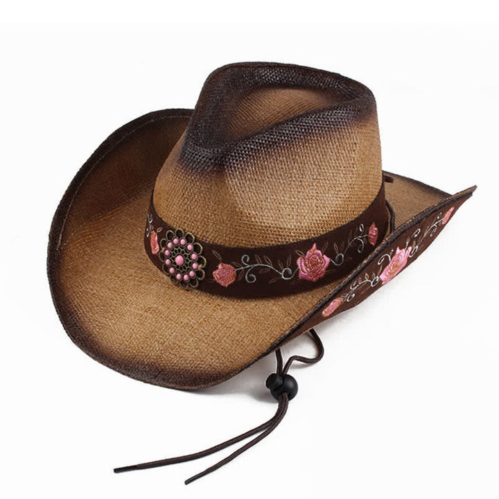 Chapeau de paille de cow-boy de fête occidentale à fleurs roses - Brun - M (22"-22 7/8") - image 0