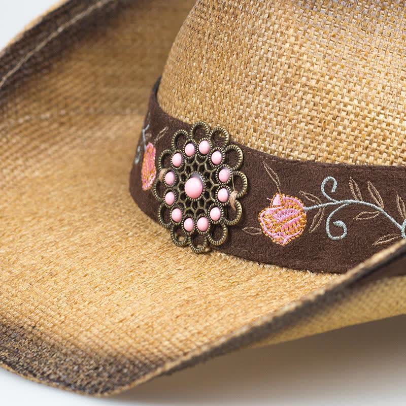 Chapeau de paille de cow-boy de fête occidentale à fleurs roses - image 4