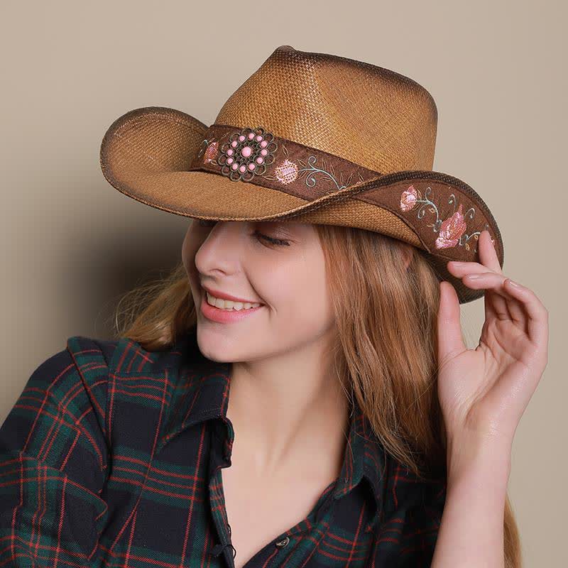 Chapeau de paille de cow-boy de fête occidentale à fleurs roses - image 3