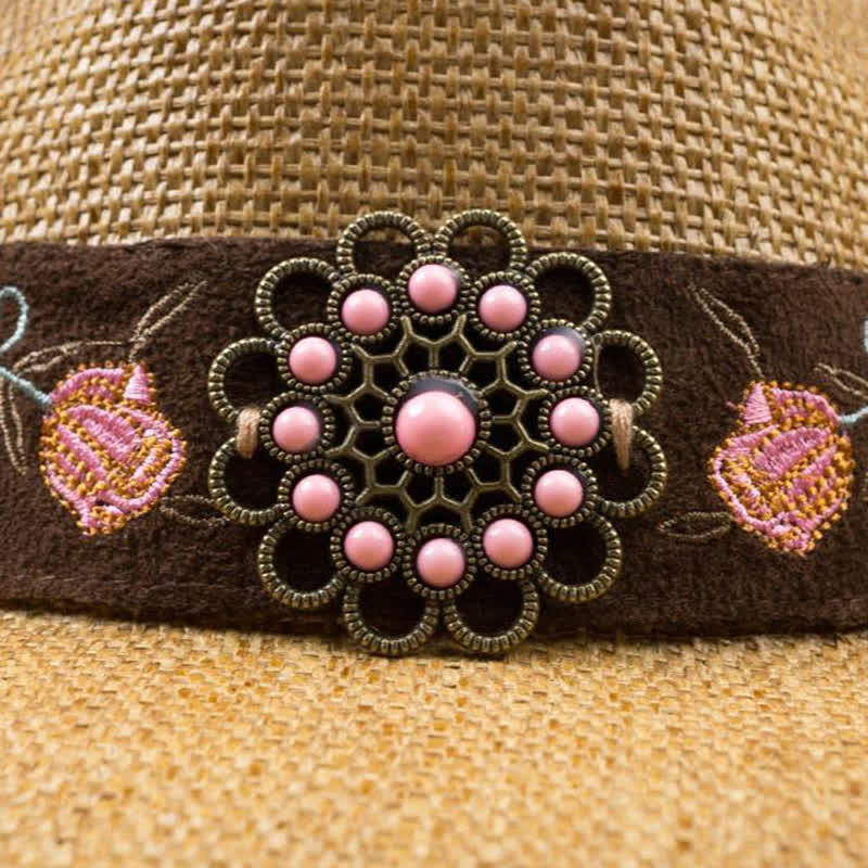 Chapeau de paille de cow-boy de fête occidentale à fleurs roses - image 5