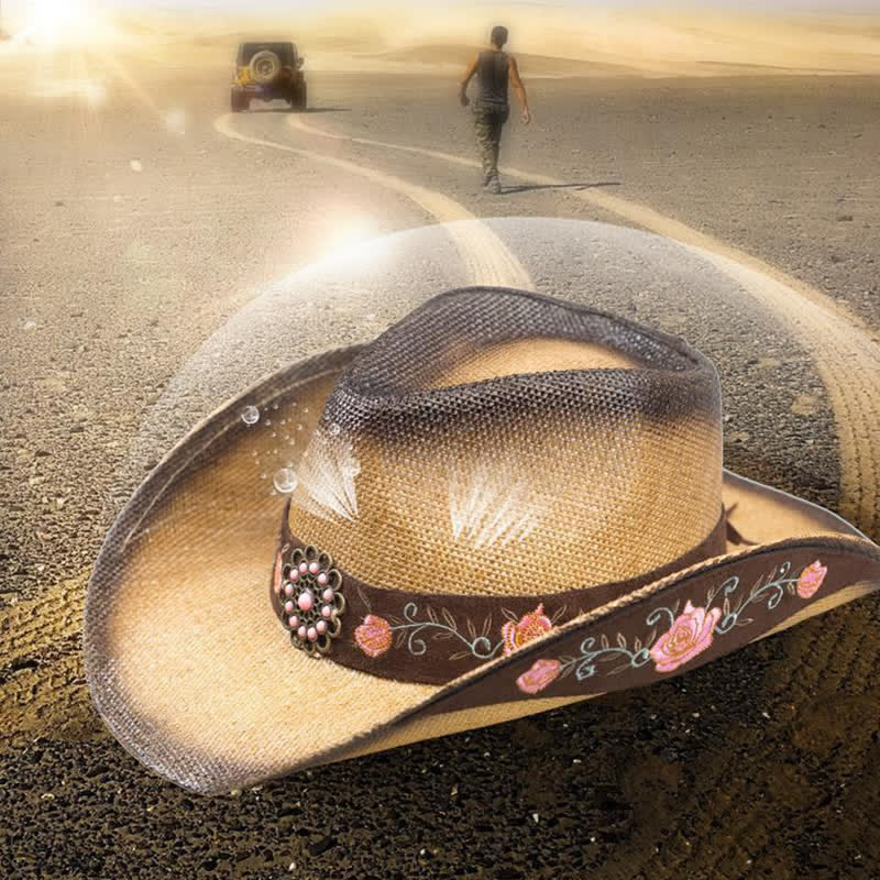 Chapeau de paille de cow-boy de fête occidentale à fleurs roses - image 1