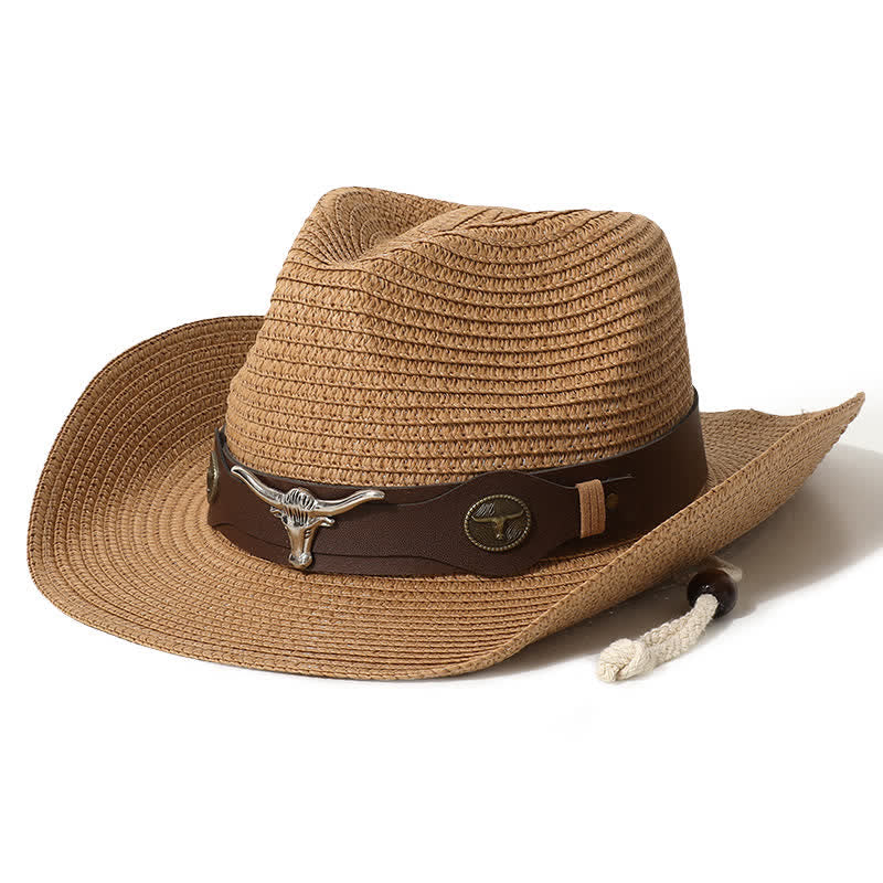 Chapeau de paille de protection solaire d'été pour la plage avec décor de bétail - Kaki - M (22"-22 7/8") - image 0