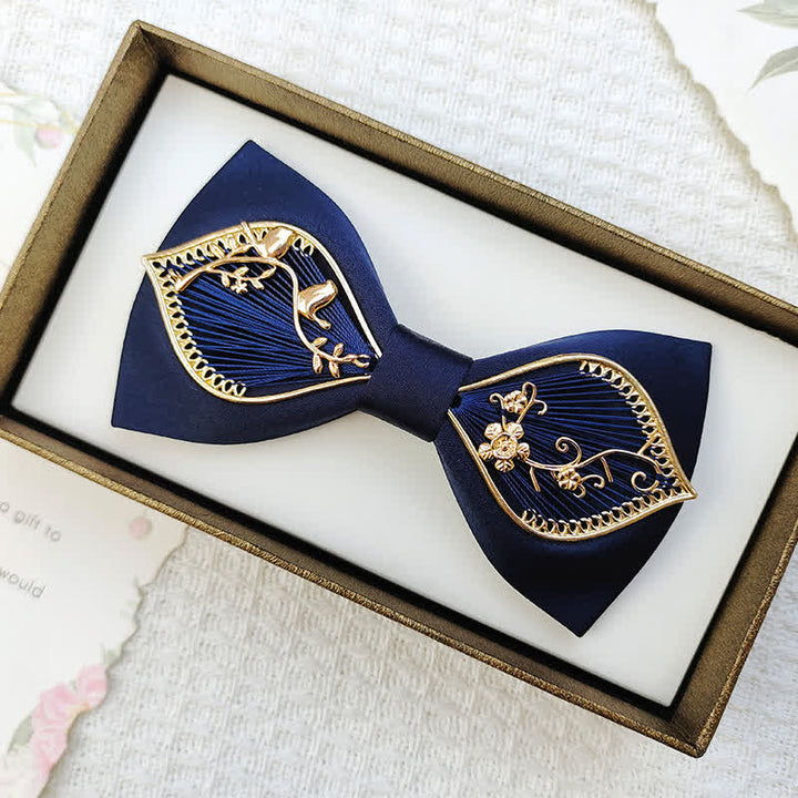 Nœud papillon de mariage à motif floral et feuilles d'oiseaux dorés pour homme