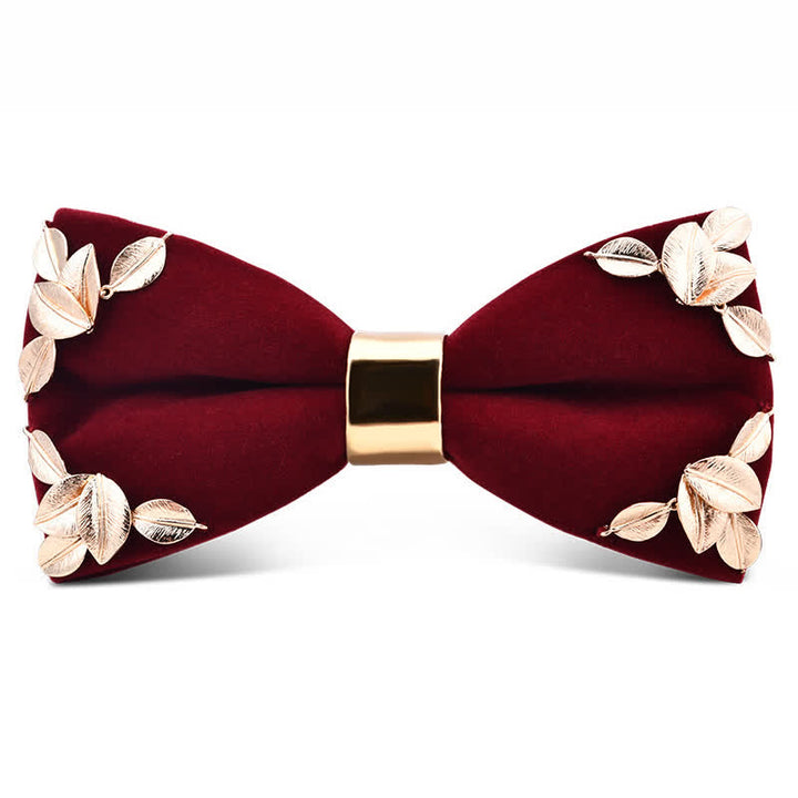 Nœud papillon en métal doré bordeaux foncé pour homme avec fleurs et feuilles