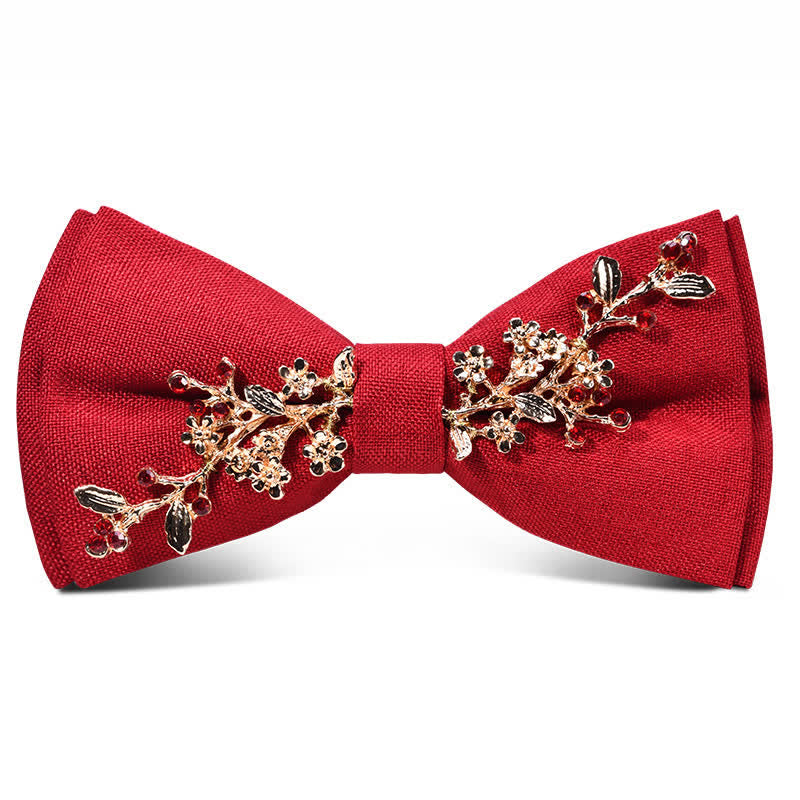 Nœud papillon en métal doré bordeaux foncé pour homme avec fleurs et feuilles
