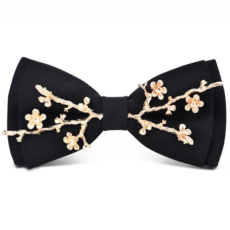 Nœud papillon en métal doré bordeaux foncé pour homme avec fleurs et feuilles