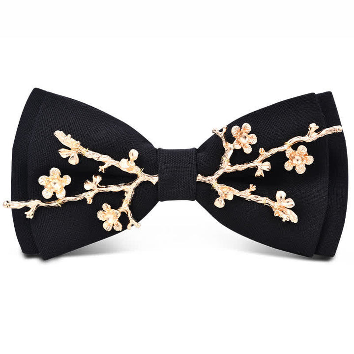Nœud papillon en métal doré bordeaux foncé pour homme avec fleurs et feuilles