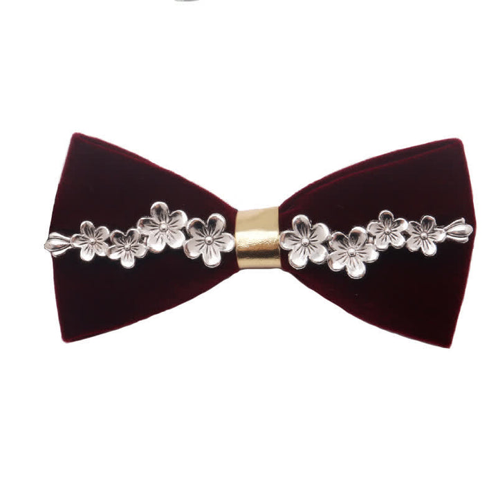Nœud papillon floral en métal foncé bordeaux pour homme, doré, argenté