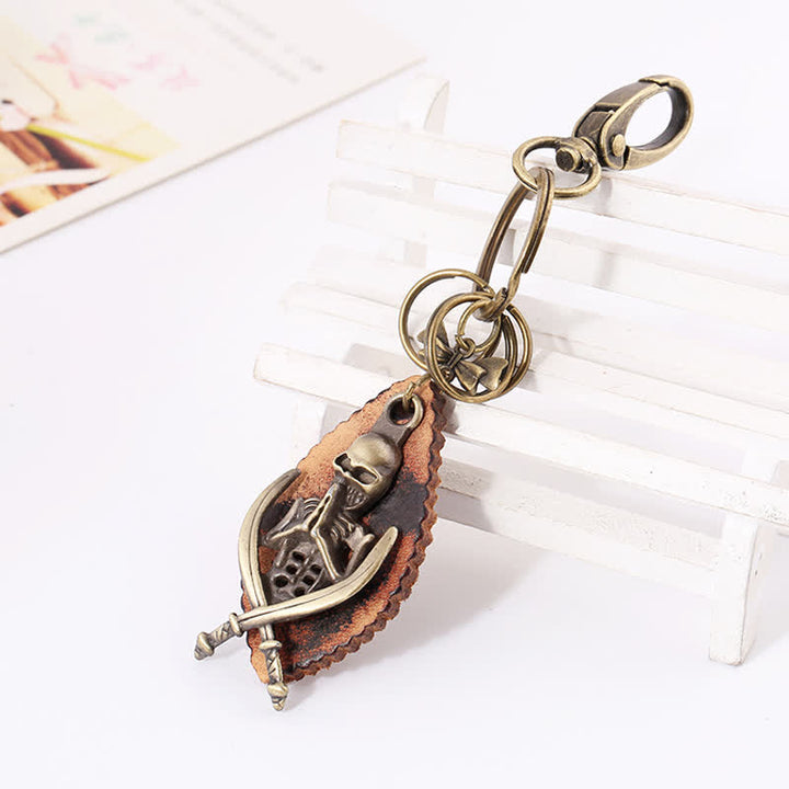 Porte-clés en cuir plaqué bronze squelette punk