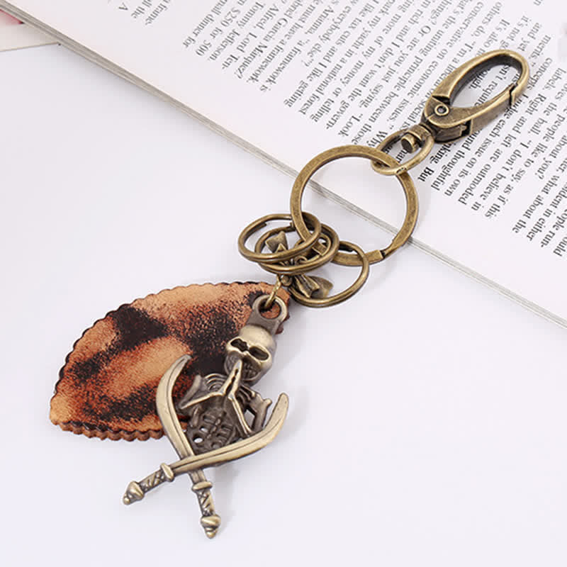 Porte-clés en cuir plaqué bronze squelette punk