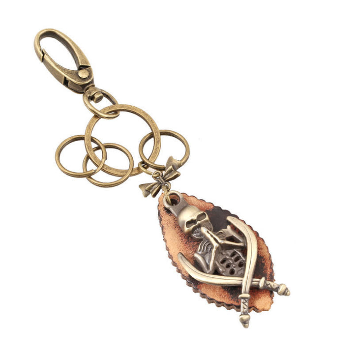 Porte-clés en cuir plaqué bronze squelette punk