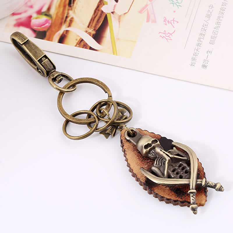 Porte-clés en cuir plaqué bronze squelette punk