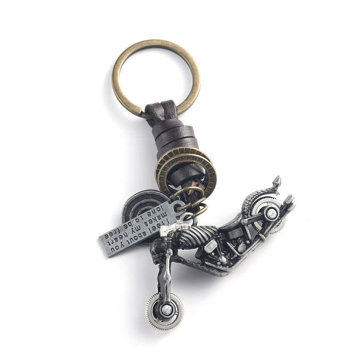 Porte-clés en cuir avec pendentif squelette de moto en forme de crâne