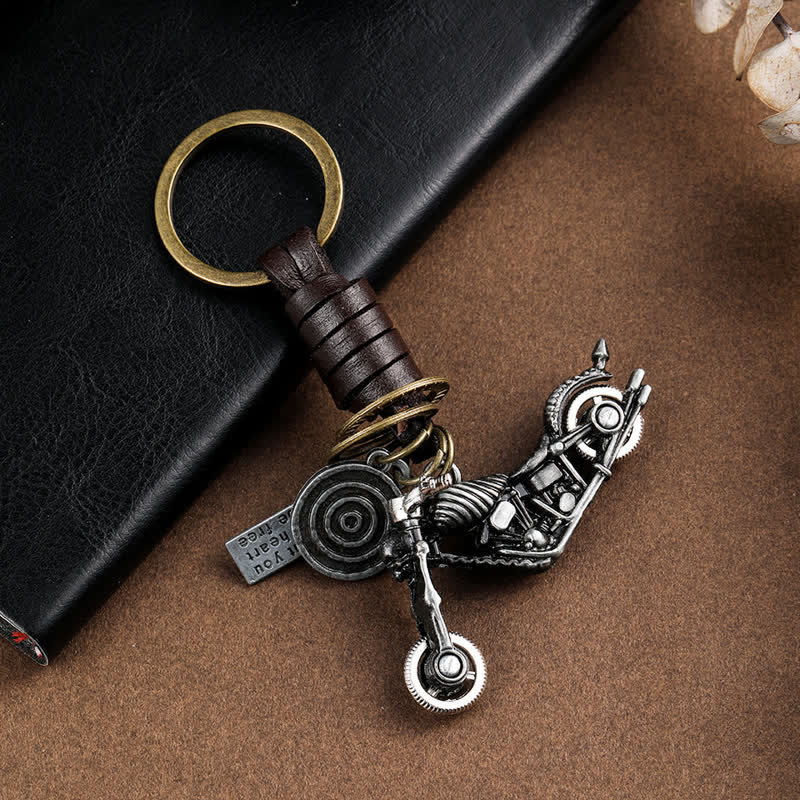 Porte-clés en cuir avec pendentif squelette de moto en forme de crâne