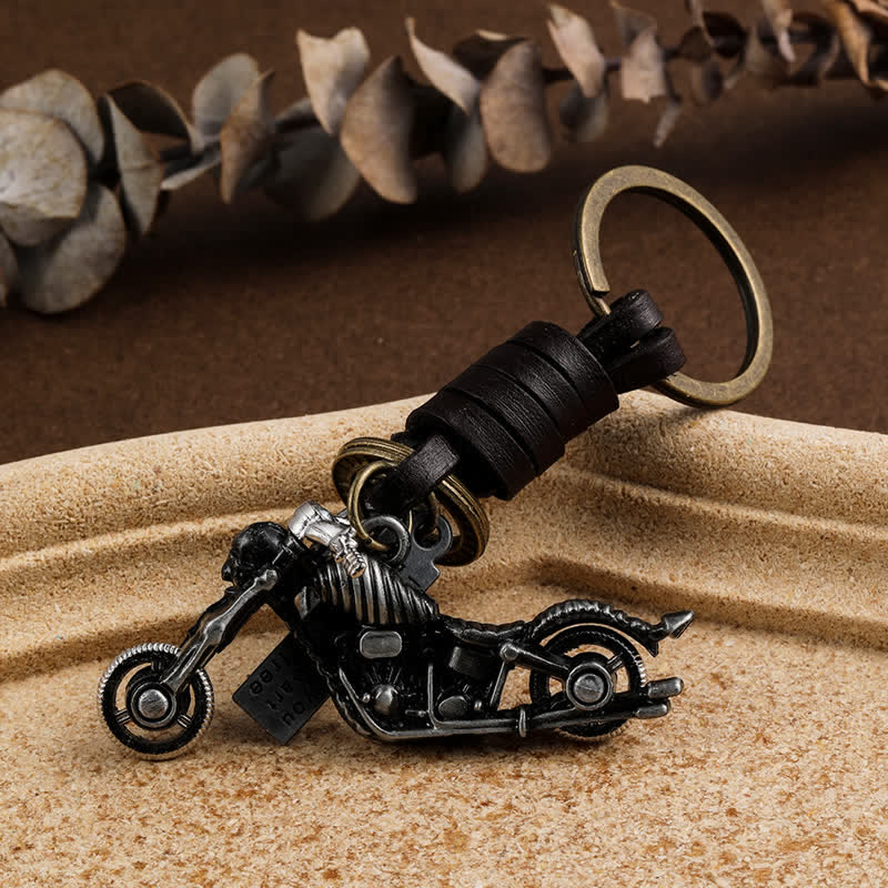 Porte-clés en cuir avec pendentif squelette de moto en forme de crâne
