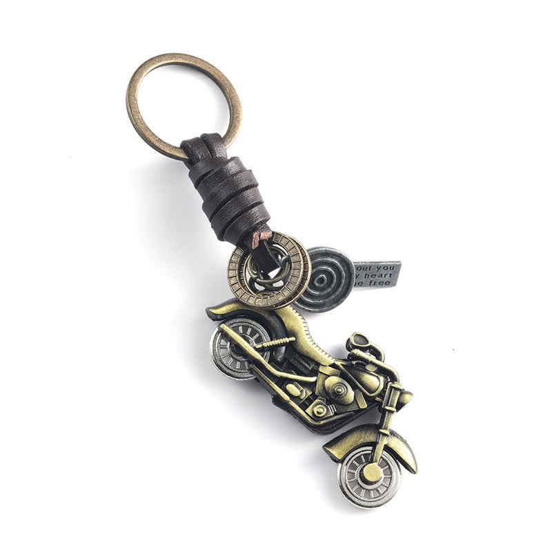 Porte-clés en cuir avec pendentif moto rétro 3D