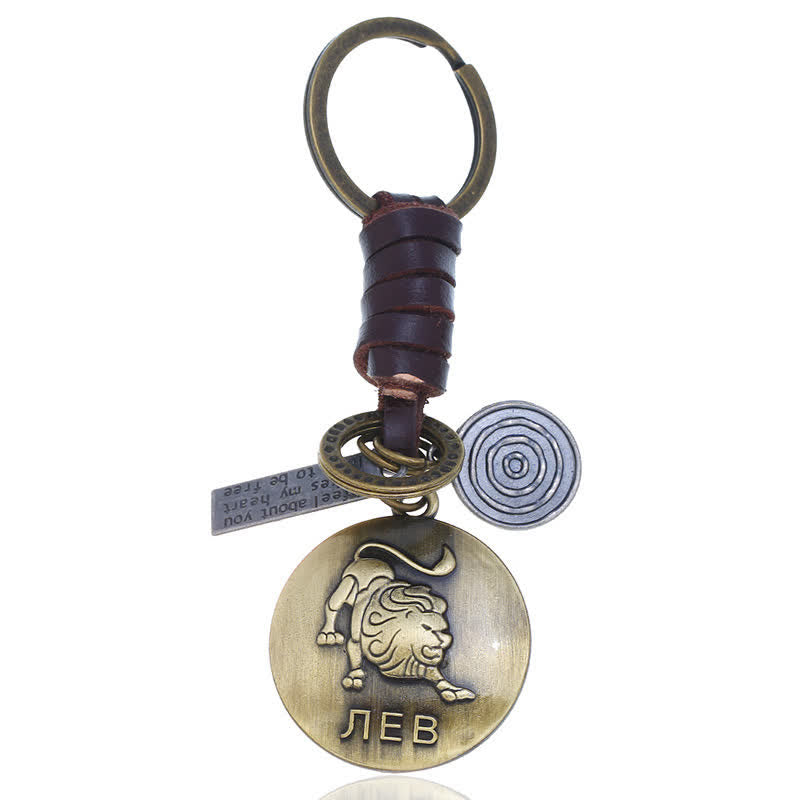 Porte-clés en cuir tissé vintage avec pendentif 12 constellations - Lion - image 9