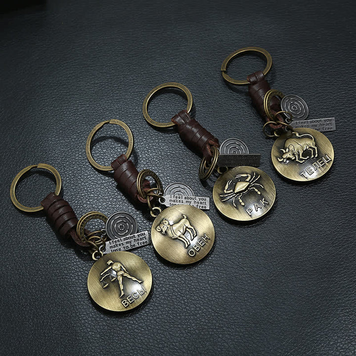 Porte-clés en cuir tissé vintage avec pendentif 12 constellations - image 3