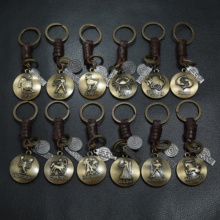 Porte-clés en cuir tissé vintage avec pendentif 12 constellations - image 0