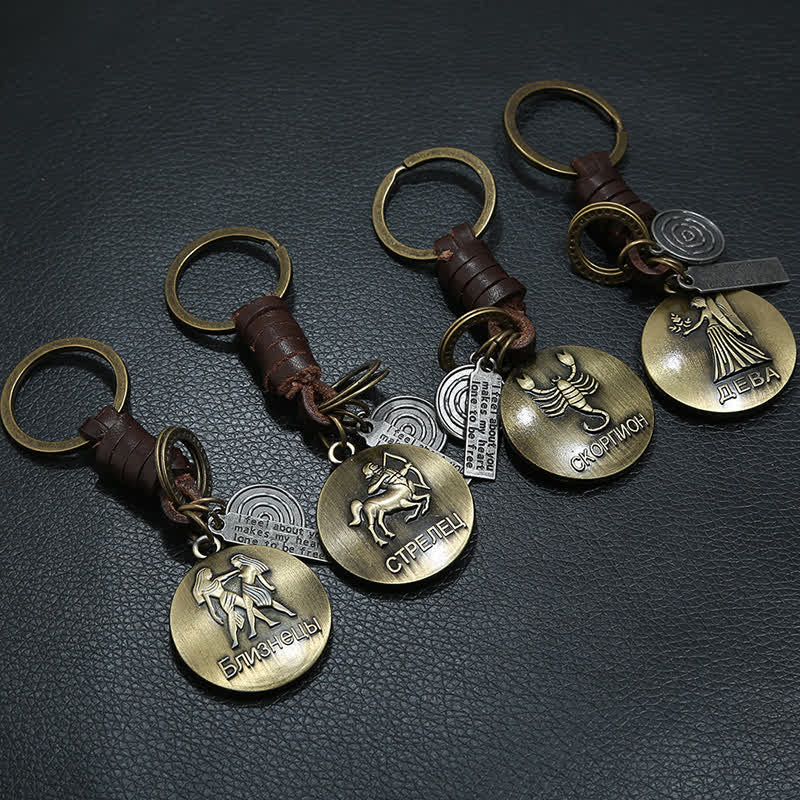 Porte-clés en cuir tissé vintage avec pendentif 12 constellations - image 1