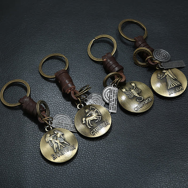 Porte-clés en cuir tissé vintage avec pendentif 12 constellations - image 1