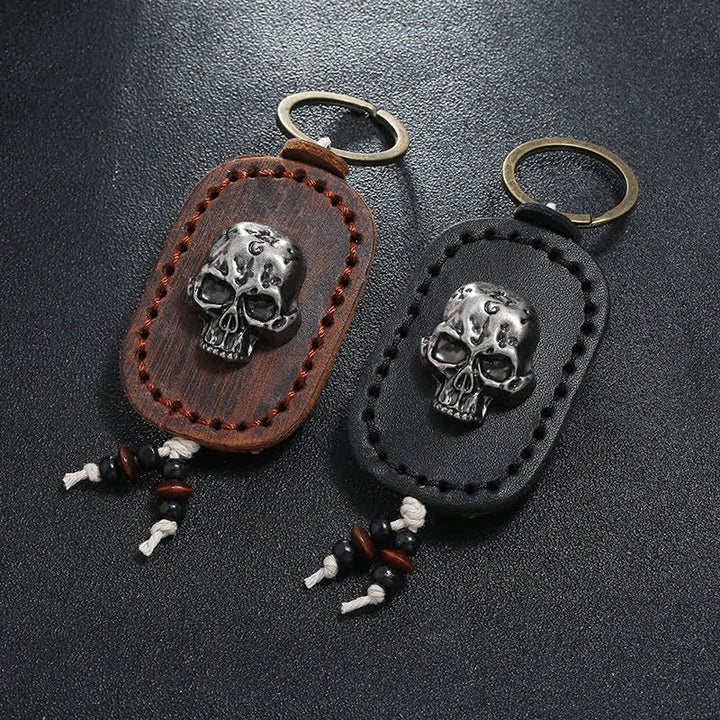 Porte-clés en cuir avec pendentif en forme de crâne punk 3D