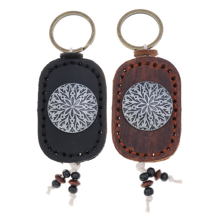Porte-clés en cuir double couche avec pendentif fleur ronde