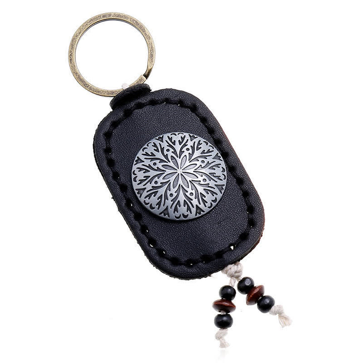 Porte-clés en cuir double couche avec pendentif fleur ronde