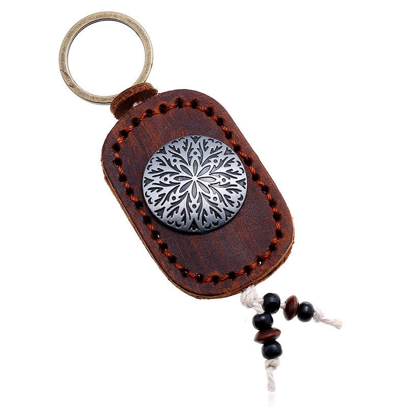 Porte-clés en cuir double couche avec pendentif fleur ronde