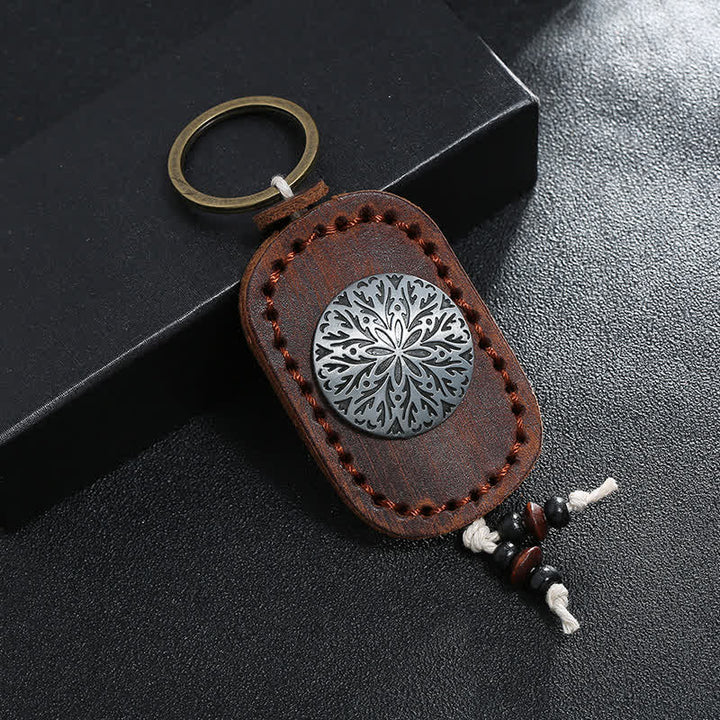 Porte-clés en cuir double couche avec pendentif fleur ronde