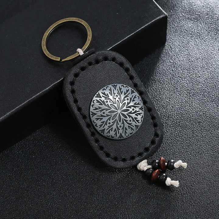 Porte-clés en cuir double couche avec pendentif fleur ronde