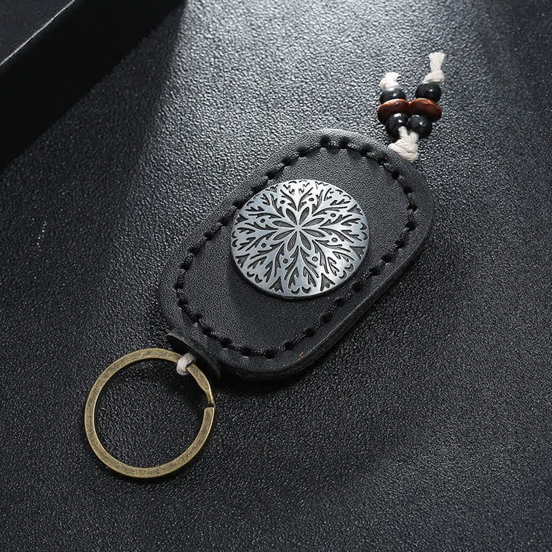 Porte-clés en cuir double couche avec pendentif fleur ronde