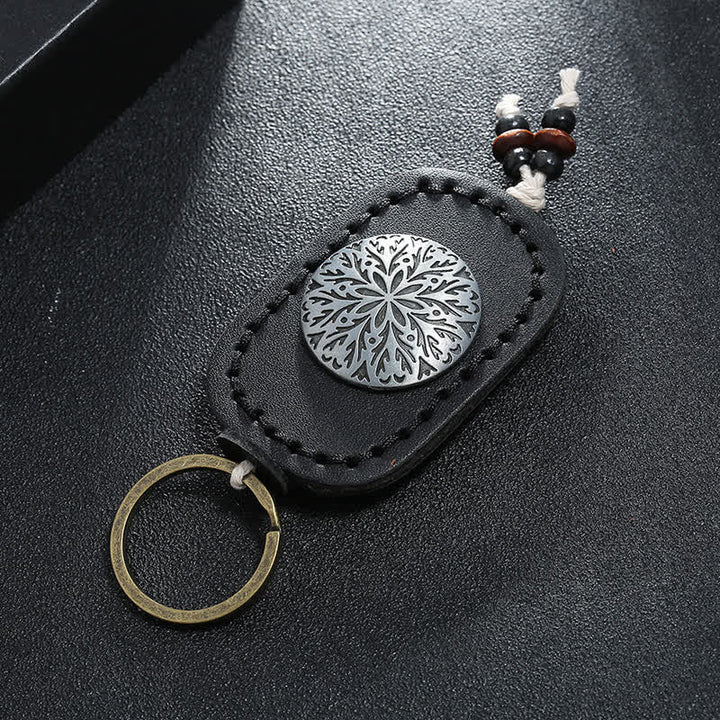 Porte-clés en cuir double couche avec pendentif fleur ronde