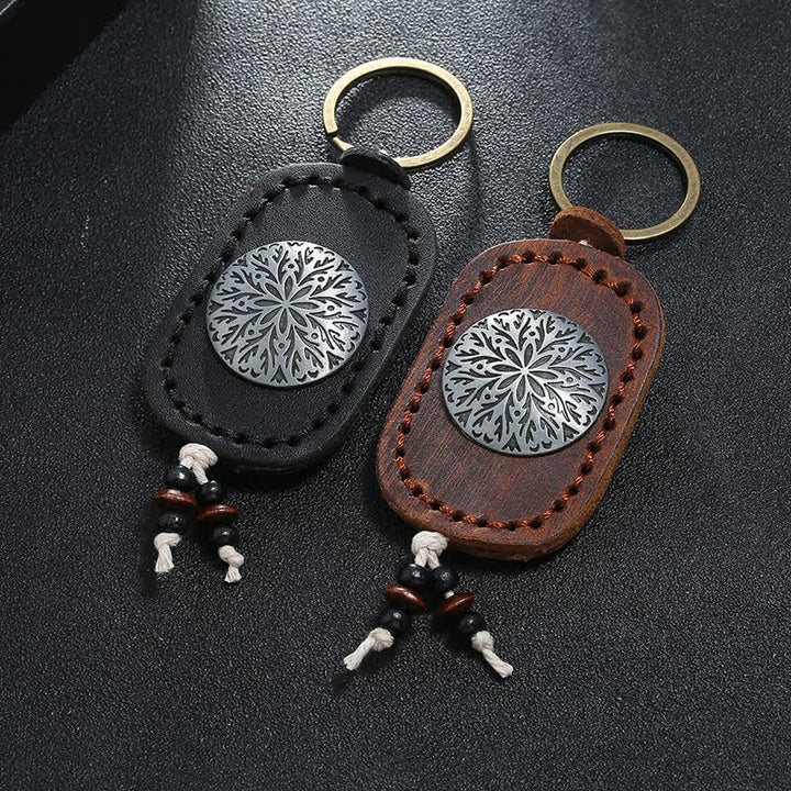 Porte-clés en cuir double couche avec pendentif fleur ronde