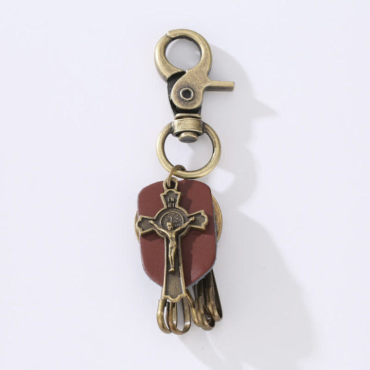 Porte-clés rétro en cuir avec motif de croix suspendu